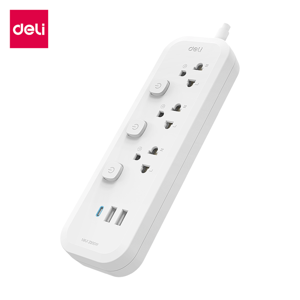 รางปลั๊กไฟ 3 ช่อง 2USB 1TypeC Deli CT476-WH-01 ความยาวสาย 5 เมตร